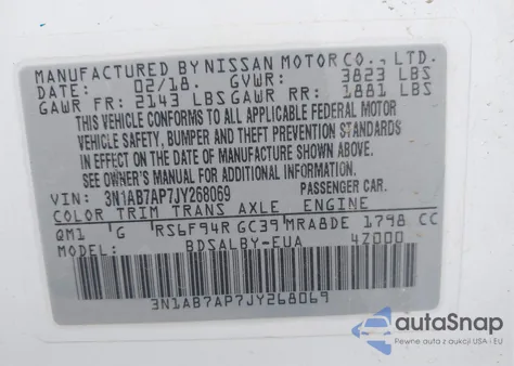 2018 Nissan Sentra S from USA, damaged, VIN 3N1AB7AP7JY268069